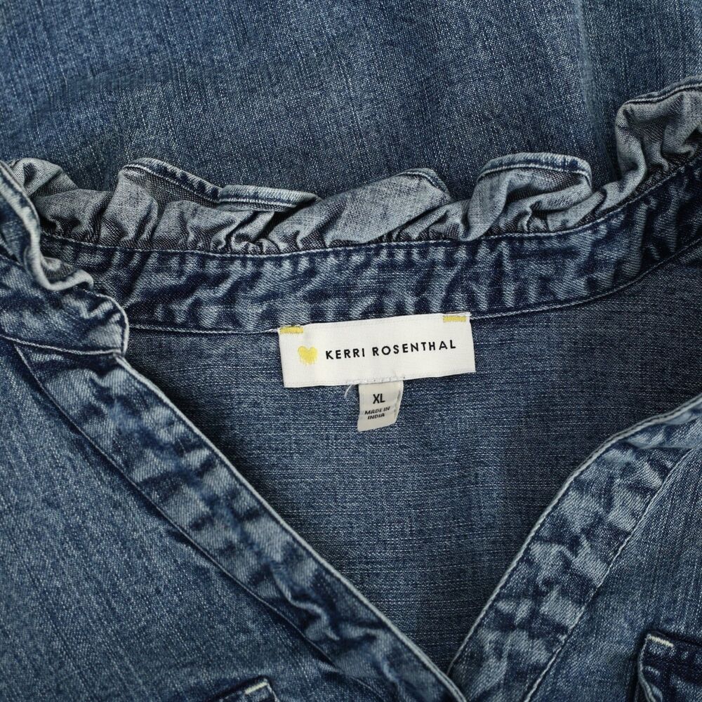 Kerri Rosenthal Puff Sleeve Denim Shirt Top Buttondown Ruffle V-Neck XL 285060 - Picture 11 of 13